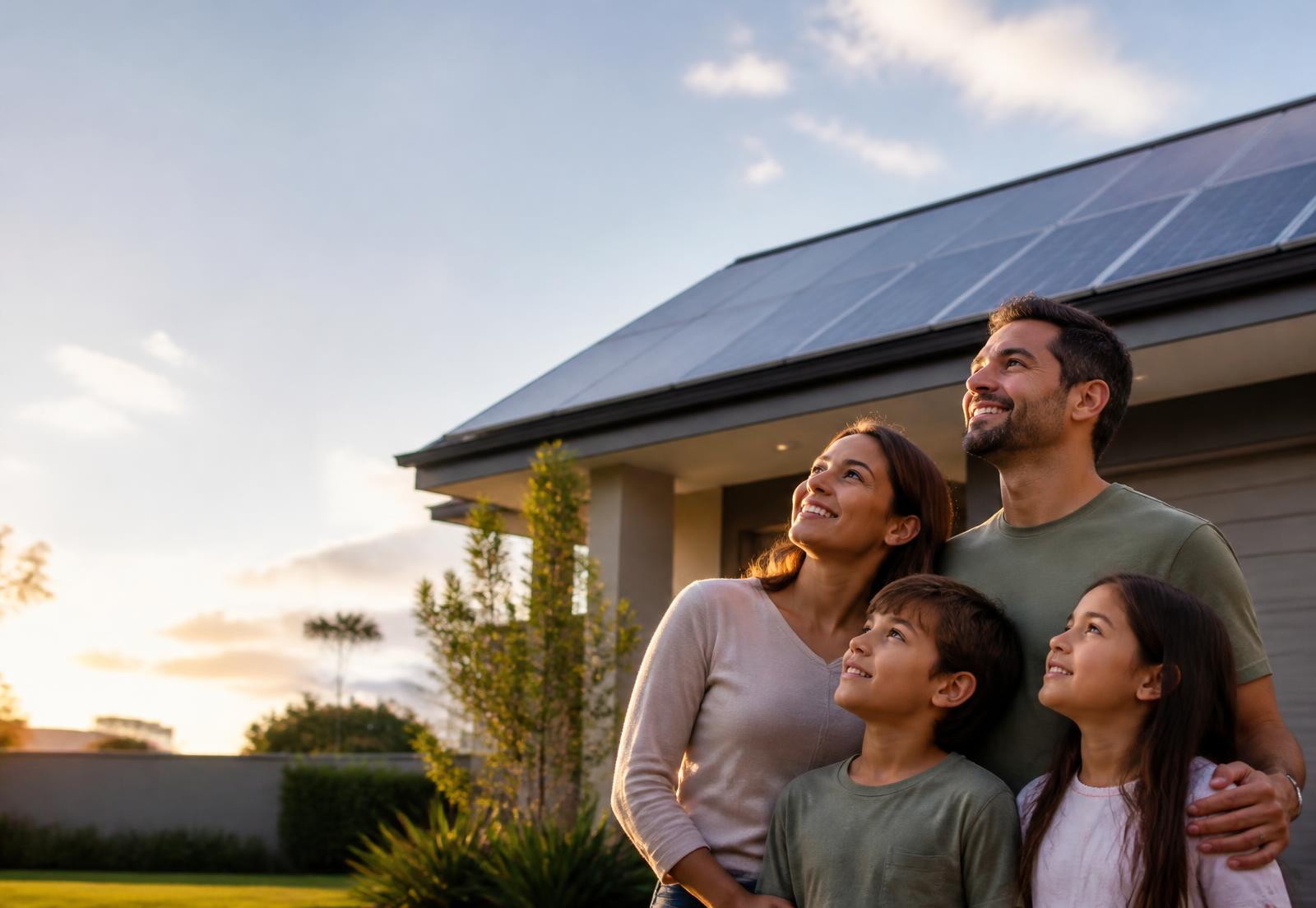 Família em frente a casa com painéis solares instalados no telhado