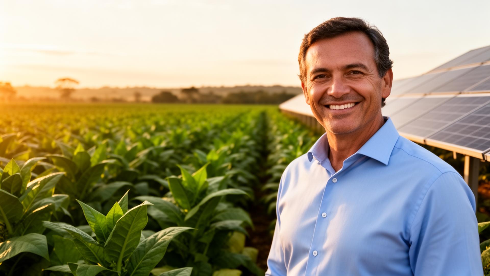 Produtor rural em frente a estufa de tabaco com painéis solares no Sul do Paraná
